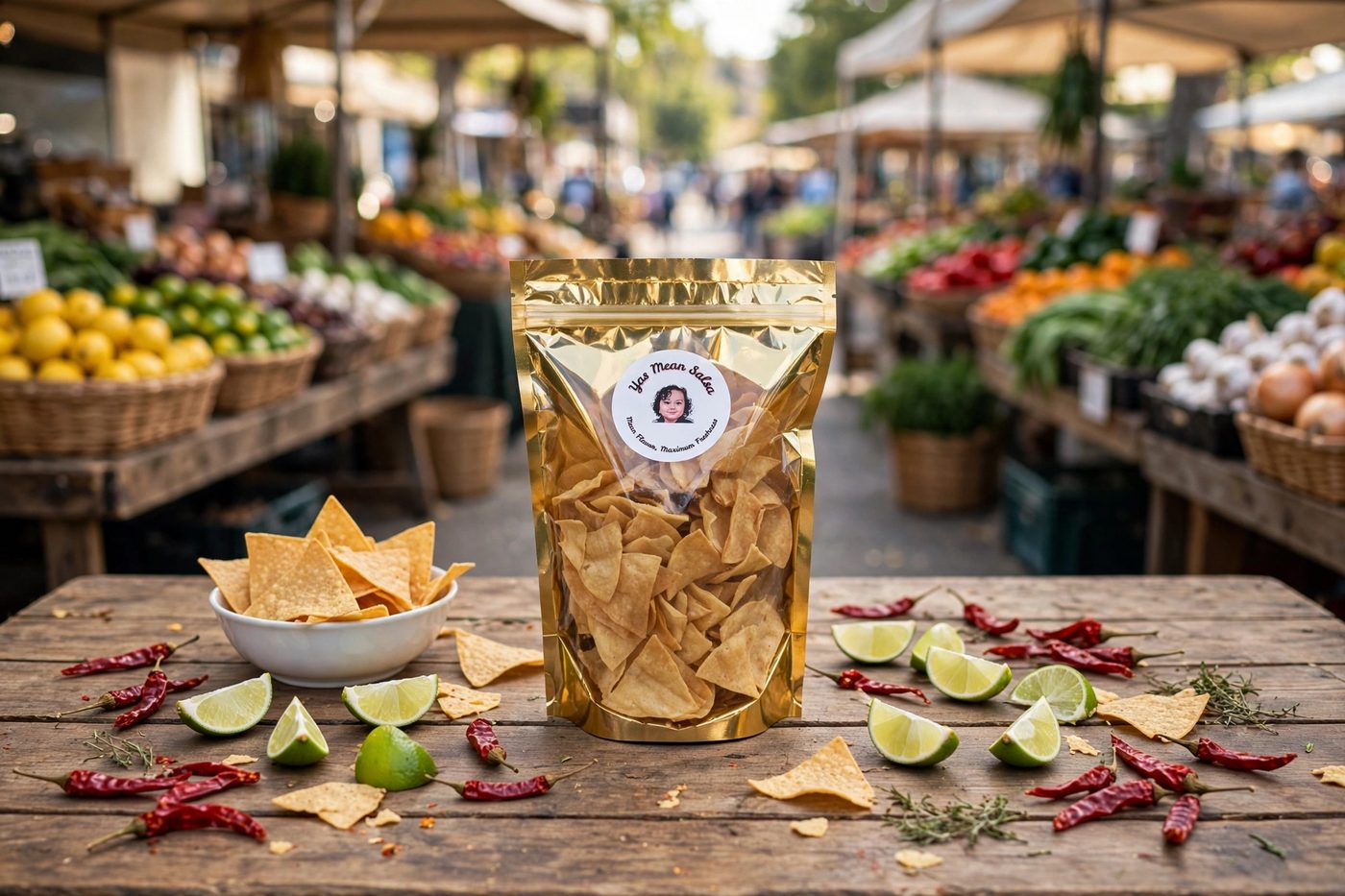 Gold bag of Yas Mean Salsa chili lime chips with a bowl of chips, lime wedges, and dried chiles on a wooden table at a farmers market