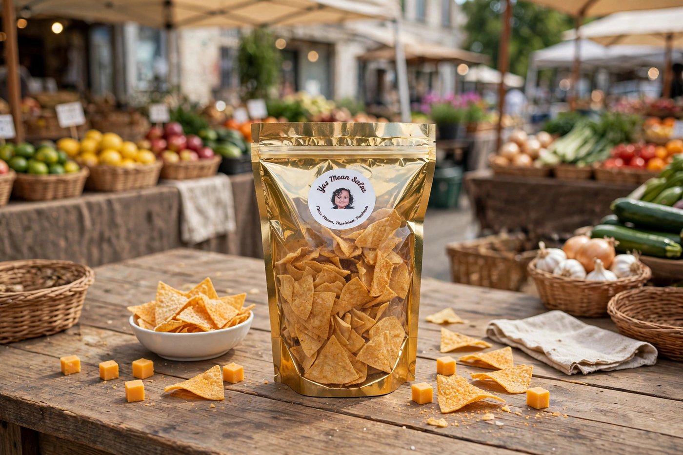 Gold bag of Yas Mean Salsa nacho cheese chips with a bowl of chips and cheddar cubes on a wooden table at a farmers market