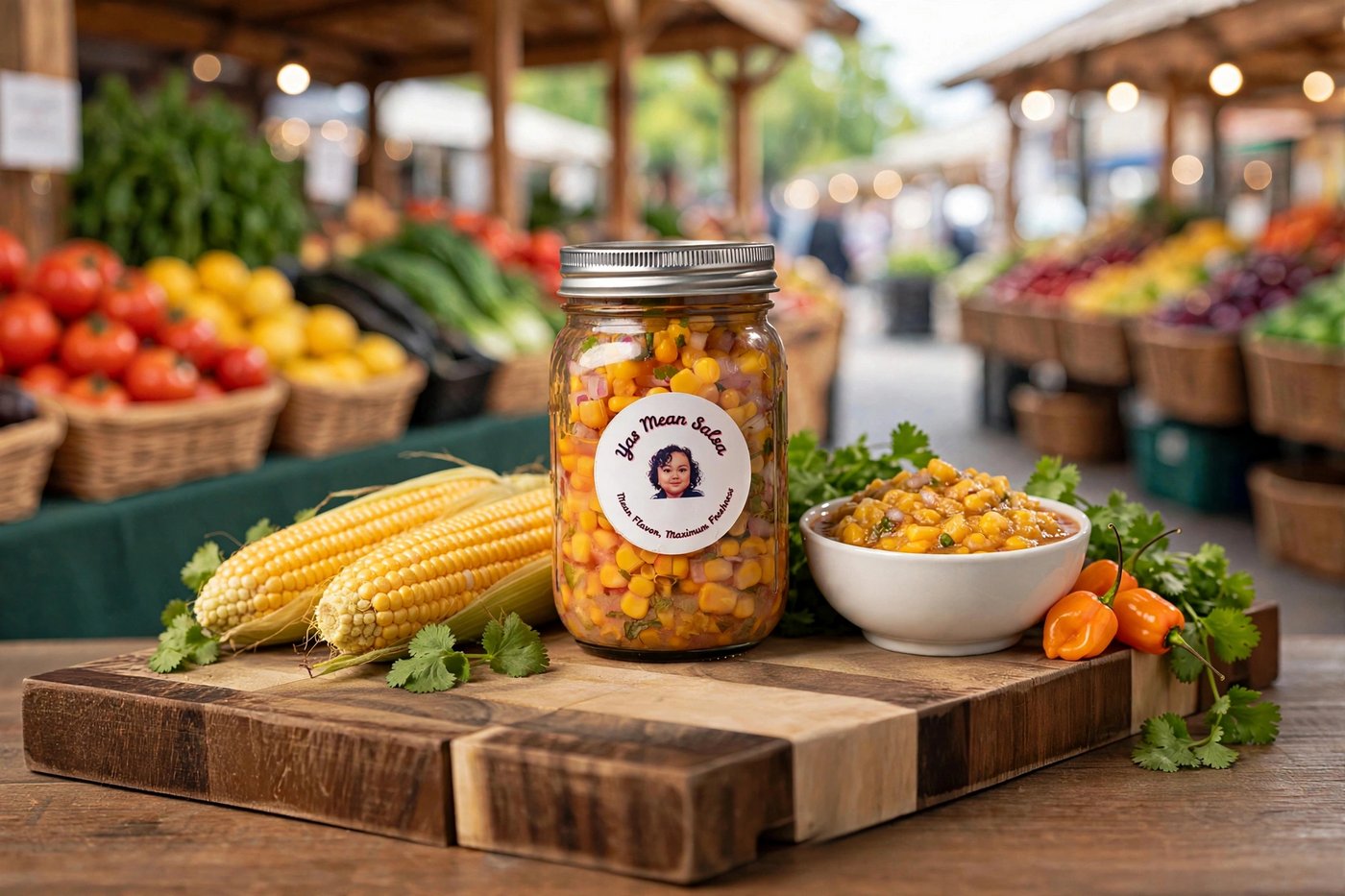 Jar of Yas Mean Salsa corn salsa on a wooden board with corn cobs, cilantro, and a bowl of corn salsa at a farmers market
