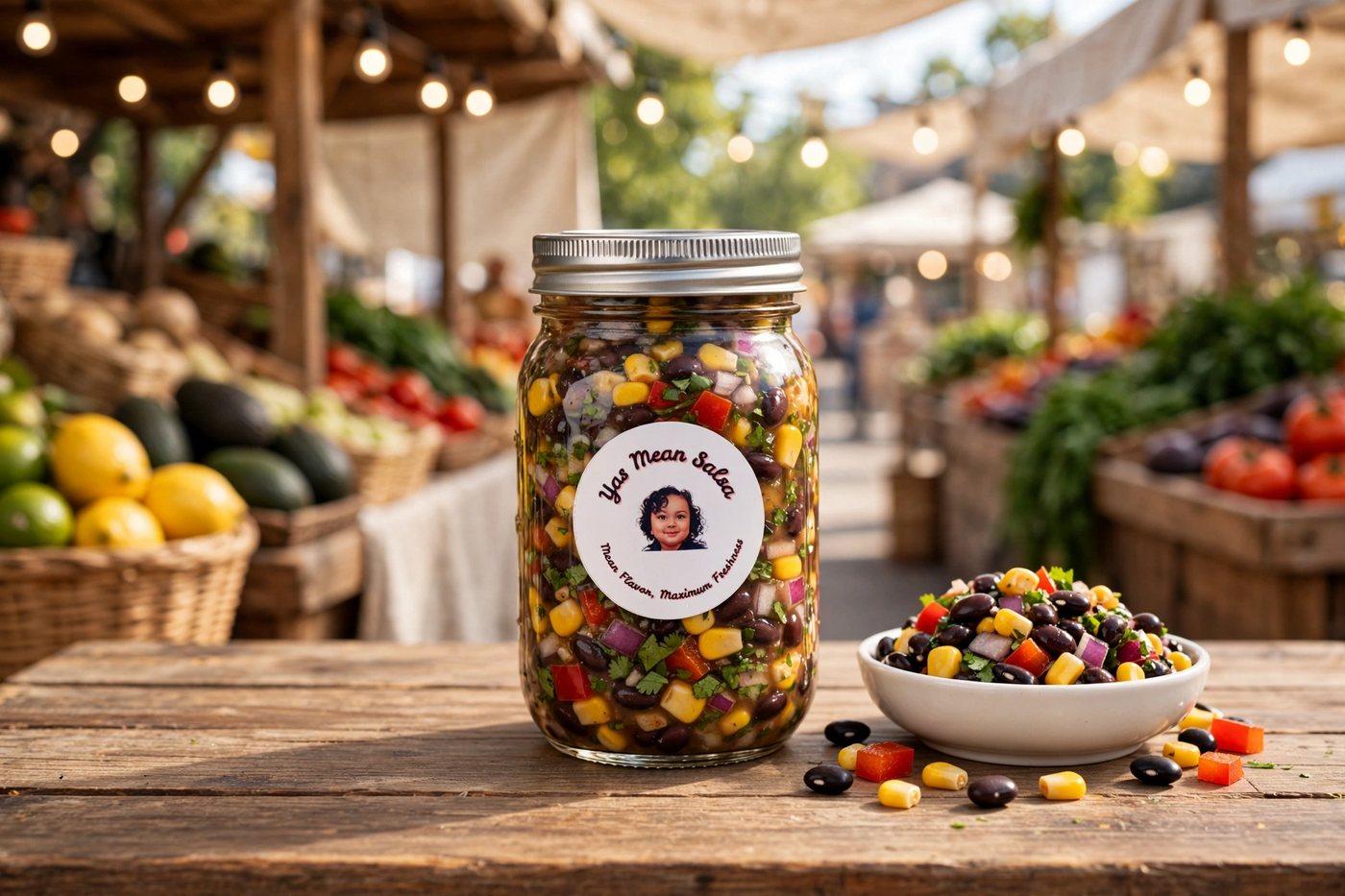 Jar of Yas Mean Salsa cowboy caviar with a bowl of black bean and corn caviar on a wooden table at a farmers market