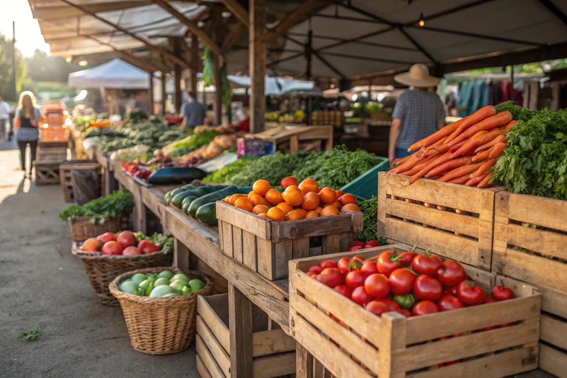Crates of fresh produce at a farmers market