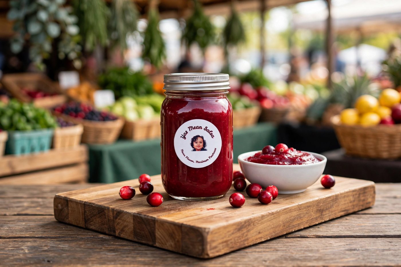 Jar of Yas Mean Salsa spicy cranberry sauce with fresh cranberries and a bowl of sauce on a wooden board at a farmers market